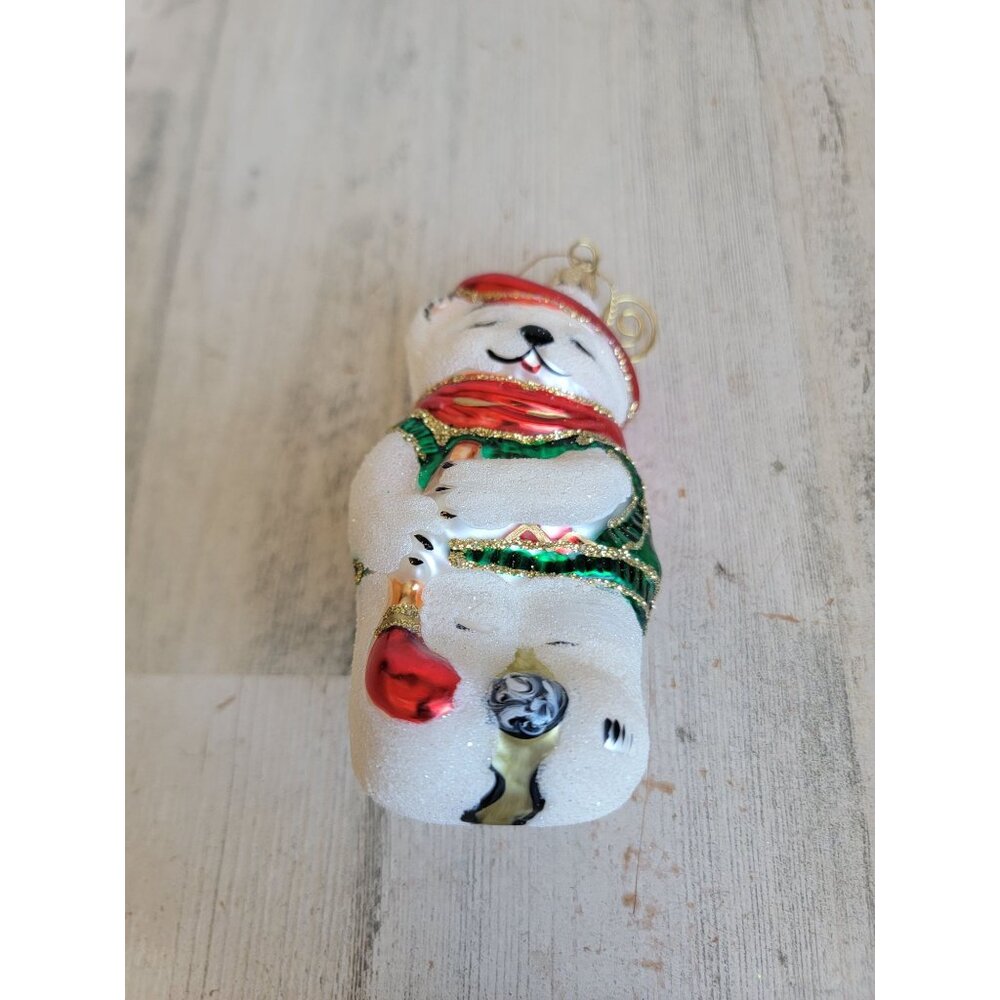 Vintage polar bear glitter blown glass golf ornament Xmas